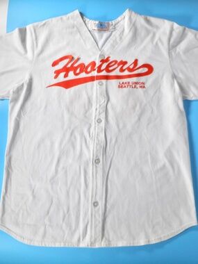 VTG 90s Hooters White XL Baseball Jersey Alpha Seattle WA USA 100% Cotton